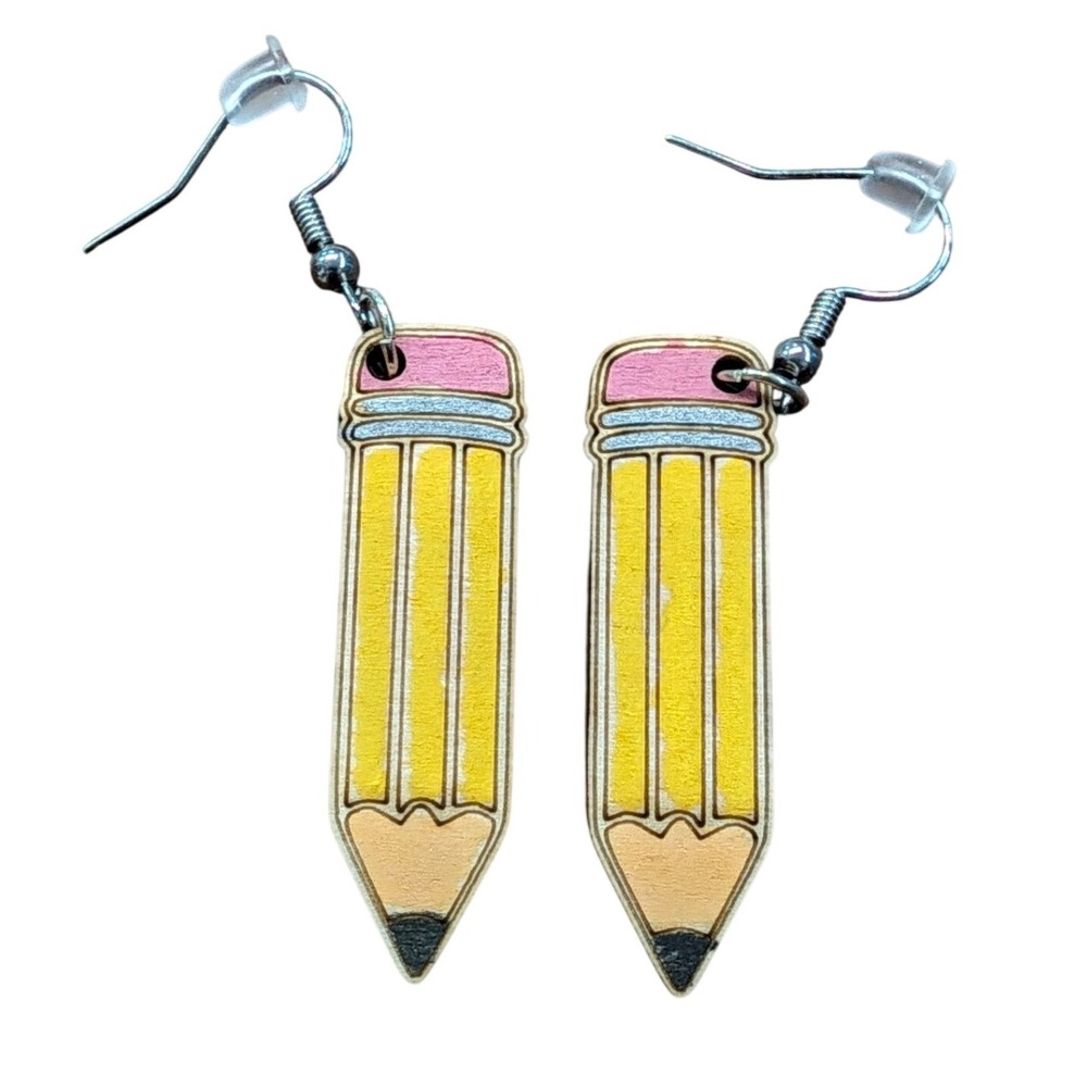Yellow Pencil Wood Dangle Earrings Teacher School Novelty Hand Painted Laser cut